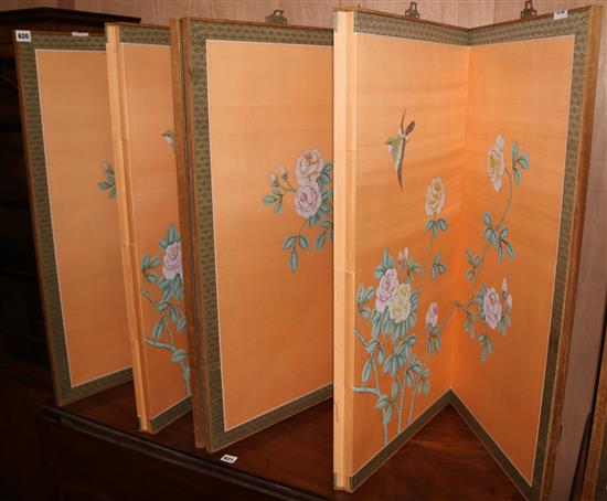 A pair of Chinese four fold screens, painted with peonies H.88cm